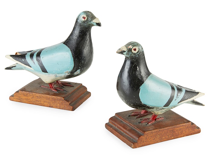TWO CARVED AND PAINTED WOOD FIGURES OF HOMING PIGEONS